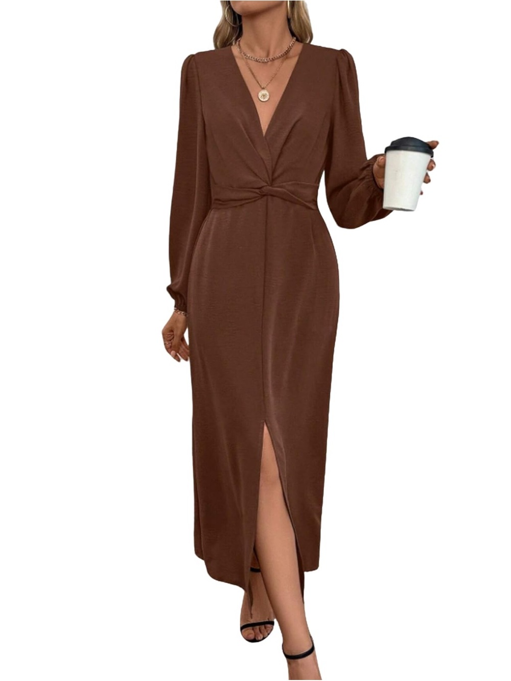 Brown Long Sleeve Twist Front V-Neck Midi Dress